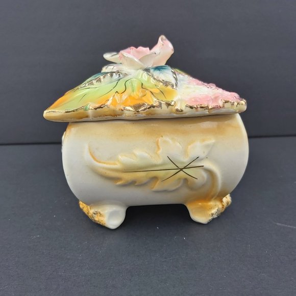 Porcelain Jewelry Trinket Box Gold Gilded with Matching Trays Bird Flower Leaves - Picture 4 of 16